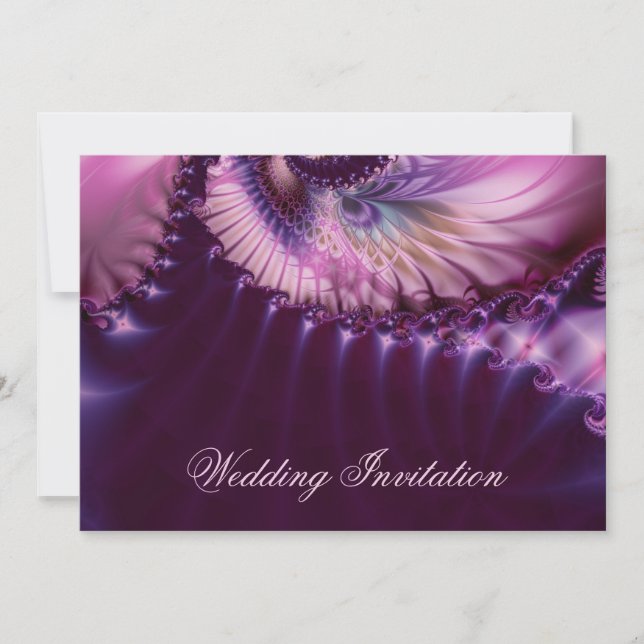 Purple fractal peacock feather wedding invitation (Front)