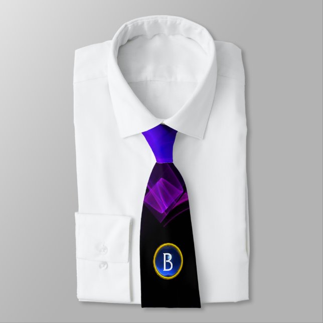 PURPLE FRACTAL WAVES AND SWIRLS, BLUE GEM MONOGRAM TIE (Tied)