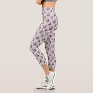 Purple French Toile Fleurie Birds Capri Leggings