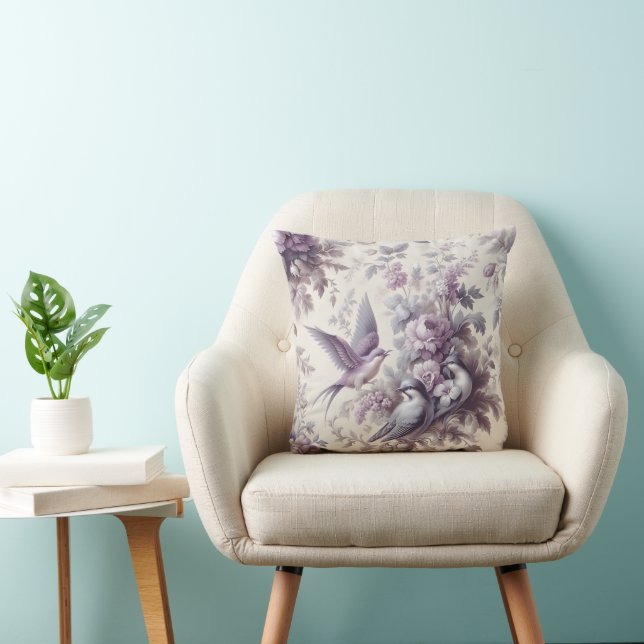 Purple French Toile Fleurie Birds Throw Pillow (Chair)
