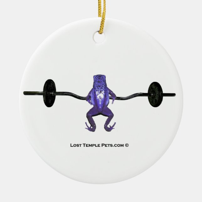Purple Frog Lifting Weights Ceramic Ornament (Front)