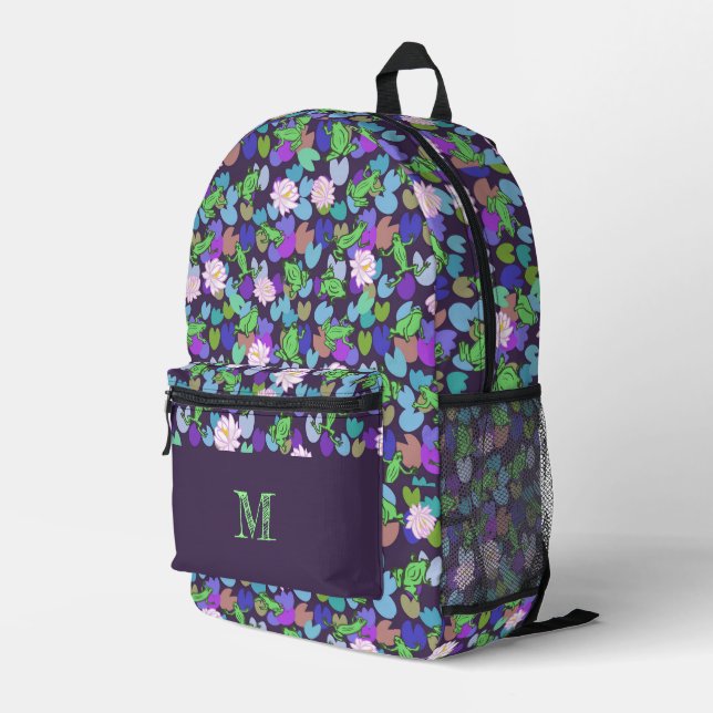 Purple Frogs Pattern Personalized Monogram Printed Backpack (Back Corner Right)