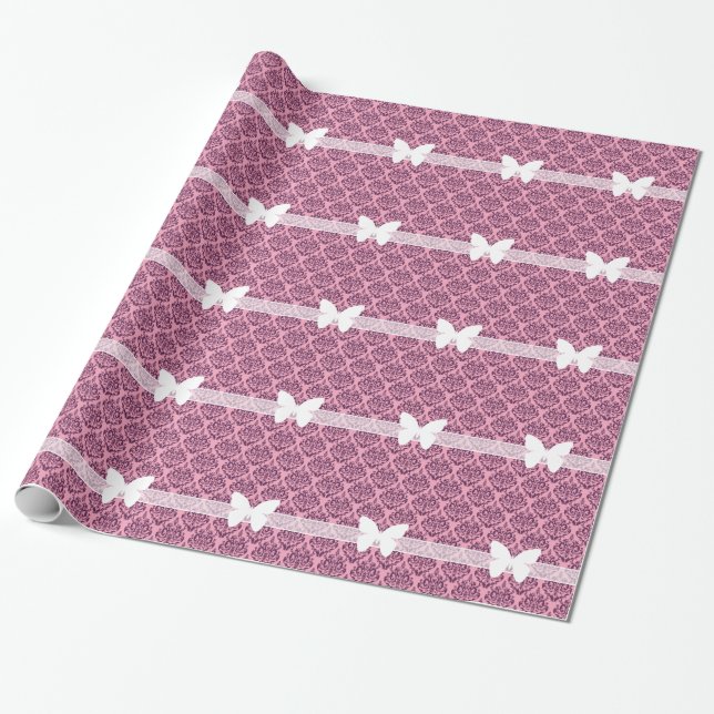 Purple Frosted Orchid Damask with Butterfly Wrapping Paper (Unrolled)