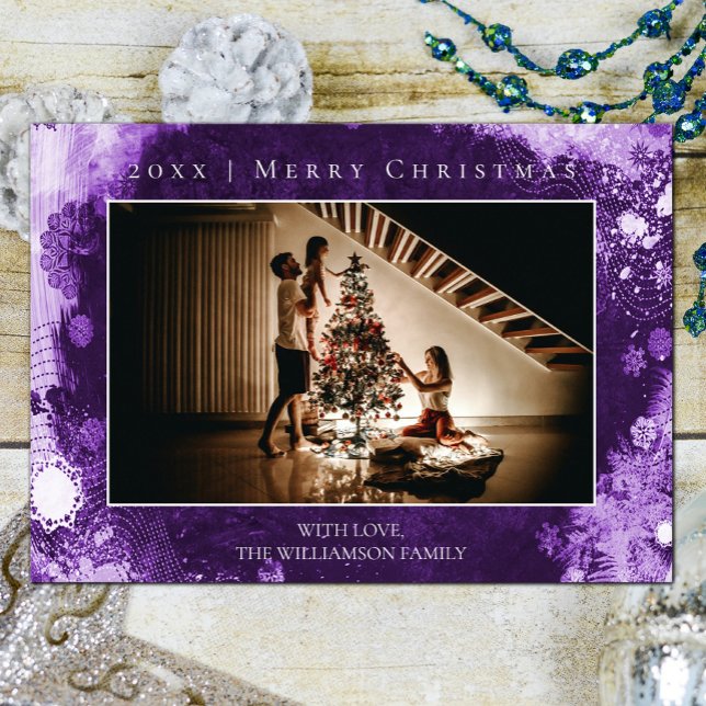 Purple Frosted Snowflakes Christmas Photo Card (Purple Frosted Snowflakes Christmas Photo Card)