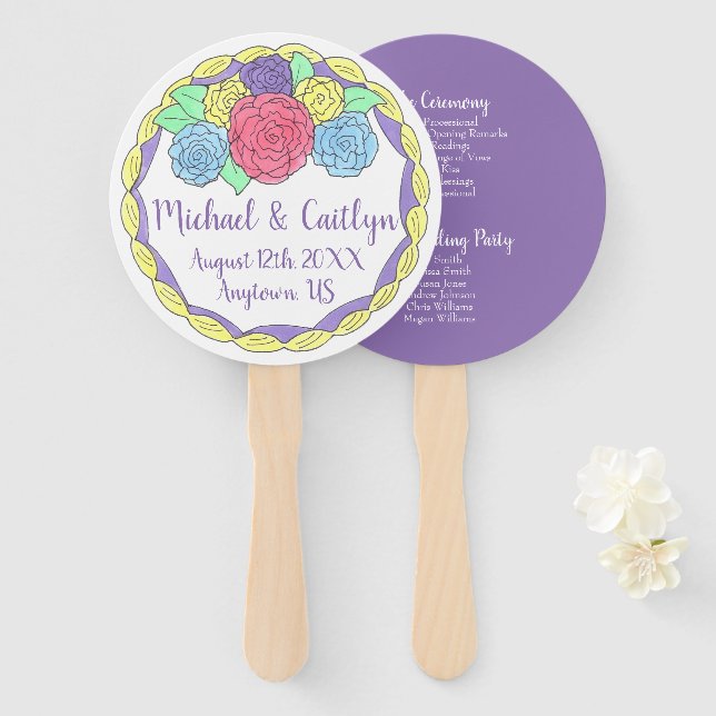 Purple Frosting Roses Floral Cake Wedding Program Hand Fan (Front and Back)