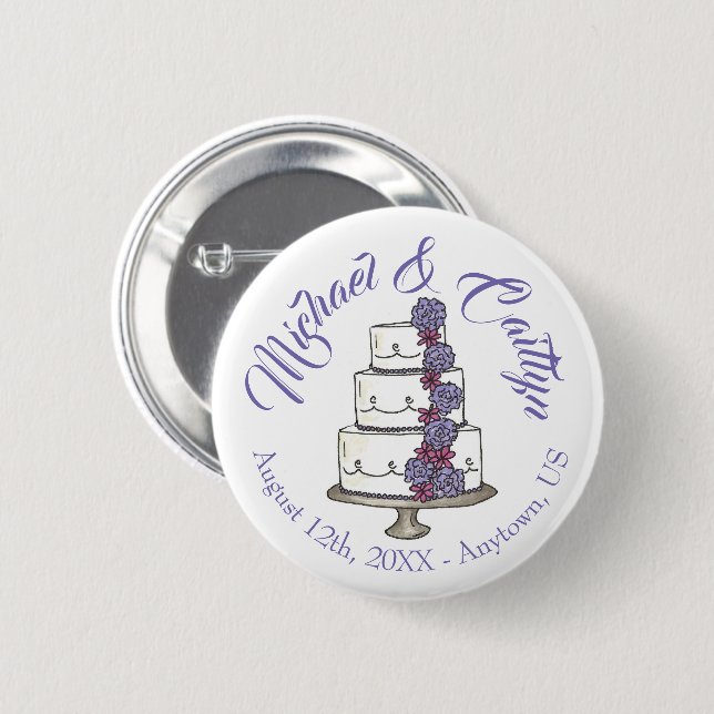 Purple Frosting Roses Tiered Floral Wedding Cake 2 Inch Round Button (Front & Back)