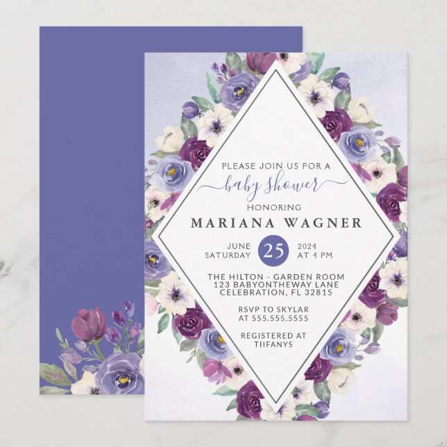 Purple Fuchsia Floral Baby Shower Invitation (Front/Back)