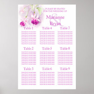 Purple fuchsia Wedding Seating Table Planner 1-9 Poster