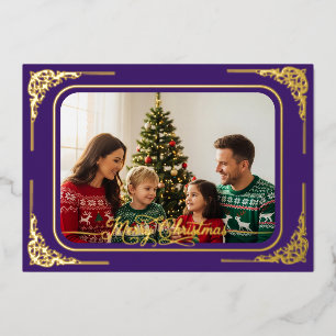 Purple Full photo Gold framed Christmas Foil Holiday Card
