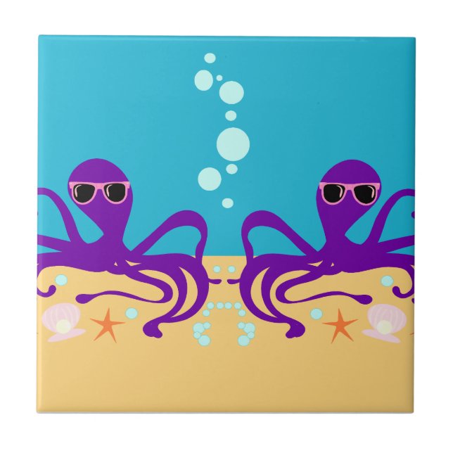 Purple Fun Groovy Octopus Cartoon Art Tile (Front)