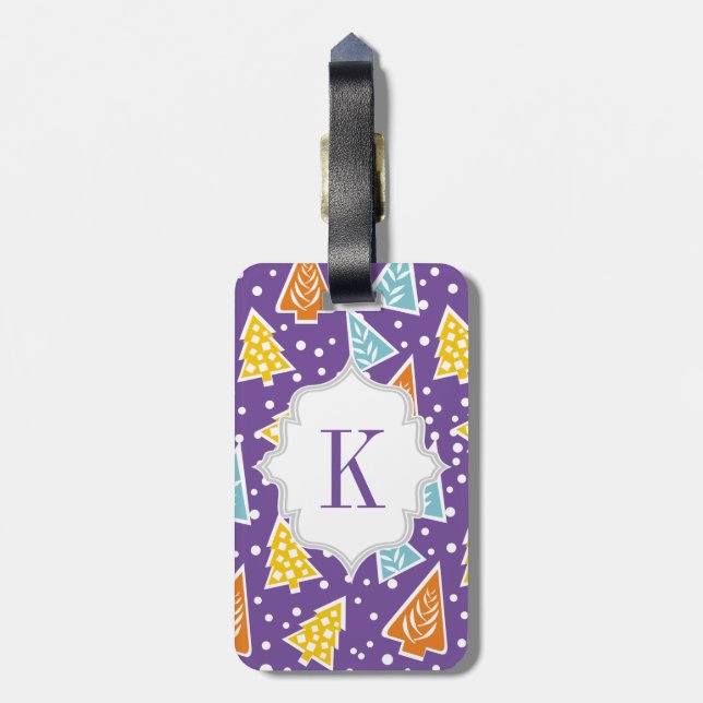 Purple funky Christmas trees pattern, monogram Luggage Tag (Back Vertical)