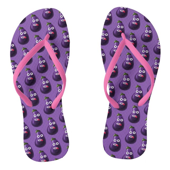 Purple Funny Cartoon Eggplant Flip Flops (Footbed)