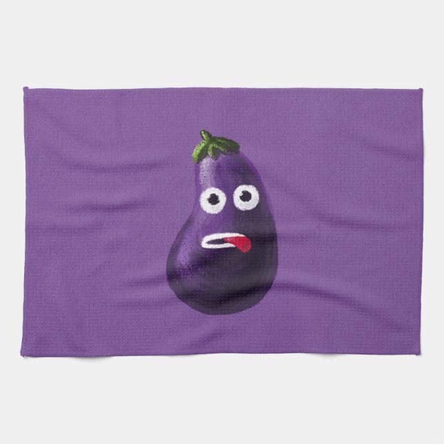 Purple Funny Cartoon Eggplant Kitchen Towel (Horizontal)