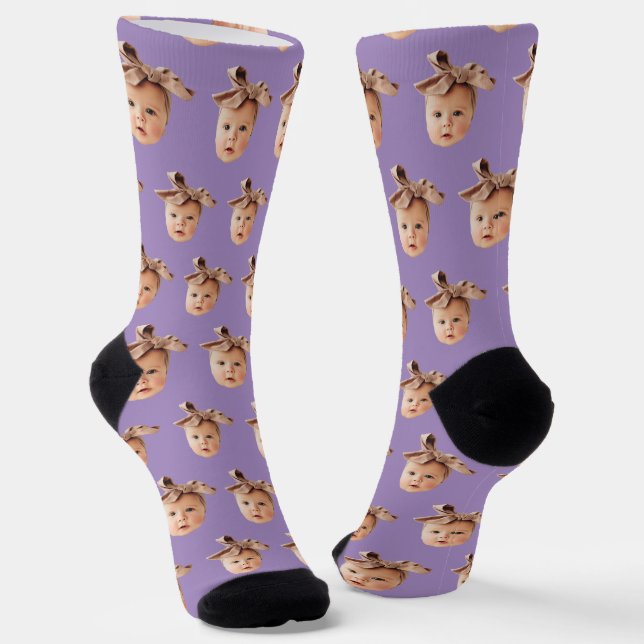 Purple Funny Custom Daughter Face Photo Crew Socks (Angled)