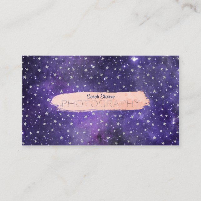 Purple Galaxy and Stars with Brushstroke Business Card (Front)