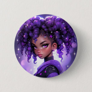 Purple Galaxy Girl with Curly Hair 2 Inch Round Button