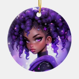 Purple Galaxy Girl with Curly Hair Ceramic Ornament