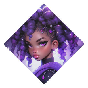 Purple Galaxy Girl with Curly Hair Graduation Cap Topper