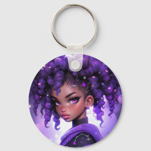 Purple Galaxy Girl with Curly Hair Keychain