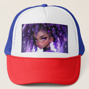 Purple Galaxy Girl with Curly Hair Trucker Hat