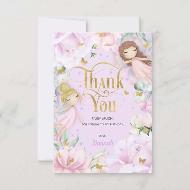 purple garden fairy pink flower birthday thank you card (Front)
