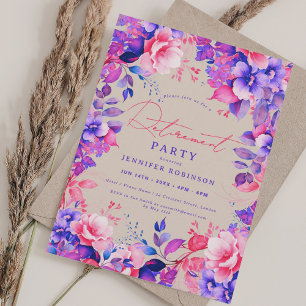 Purple Garden Floral Retirement Party Champagne Invitation