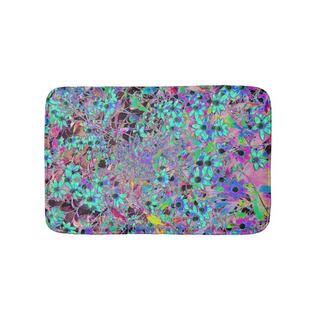Purple Garden with Psychedelic Aquamarine Flowers Bath Mat (Front)