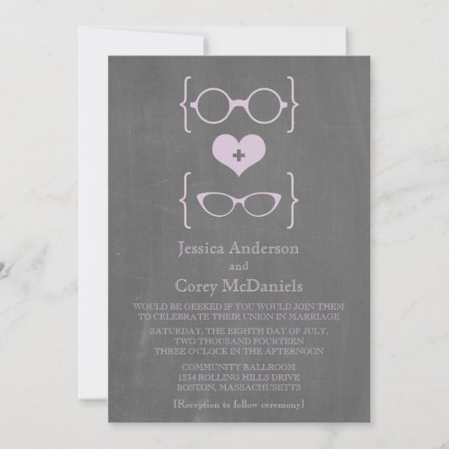 Purple Geeky Glasses Chalkboard Wedding Invite (Front)