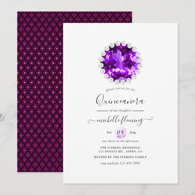 Purple Gemstone Mardi Gras Birthday Party Invitation (Front/Back)