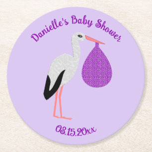 Purple gender neutral Baby Stork Baby Shower Round Paper Coaster