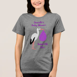 Purple gender neutral Baby Stork Baby Shower Tri-Blend Shirt