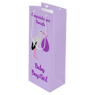 Purple gender neutral Baby Stork Custom Wine Gift Bag