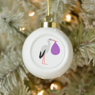 Purple gender neutral Baby Stork First Christmas Ceramic Ball Christmas Ornament