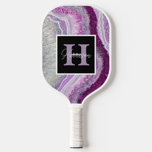 Purple Geode Agate Monogram Name  Customizable Pickleball Paddle (Front)