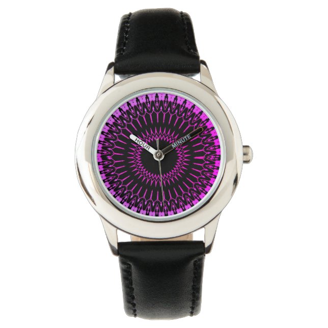 Purple Geometric Woman's Black Leather Strap Watch (Front)