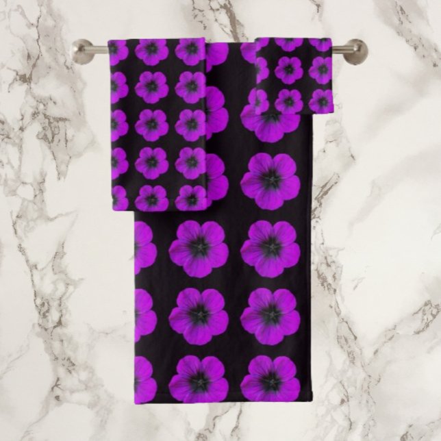 Purple Geranium Floral Pattern on Black Bath Towel Set (In Situ)