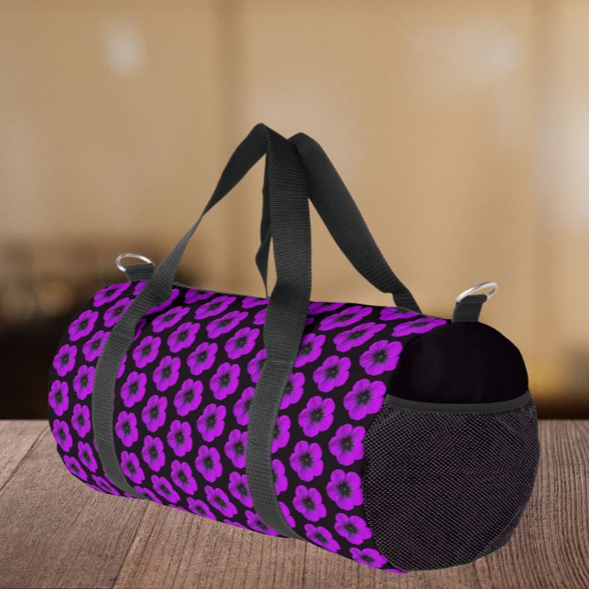 Purple Geranium Floral Pattern on Black Duffle Bag (In Situ)