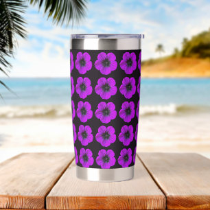 Purple Geranium Floral Pattern on Black Insulated Tumbler