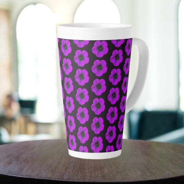 Purple Geranium Floral Pattern on Black Latte Mug (In Situ)