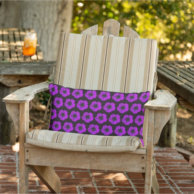 Purple Geranium Floral Pattern on Black Lumbar Pillow (Chair)
