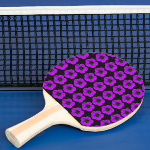 Purple Geranium Floral Pattern on Black Ping Pong Paddle