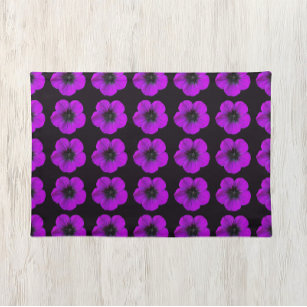Purple Geranium Floral Pattern on Black Placemat