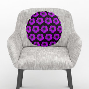 Purple Geranium Floral Pattern on Black Round Pillow