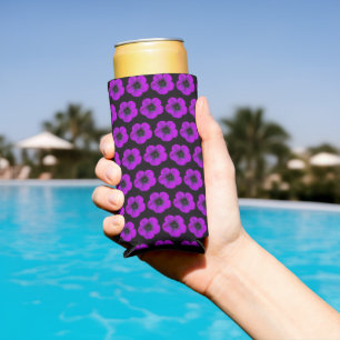 Purple Geranium Floral Pattern on Black Seltzer Can Cooler