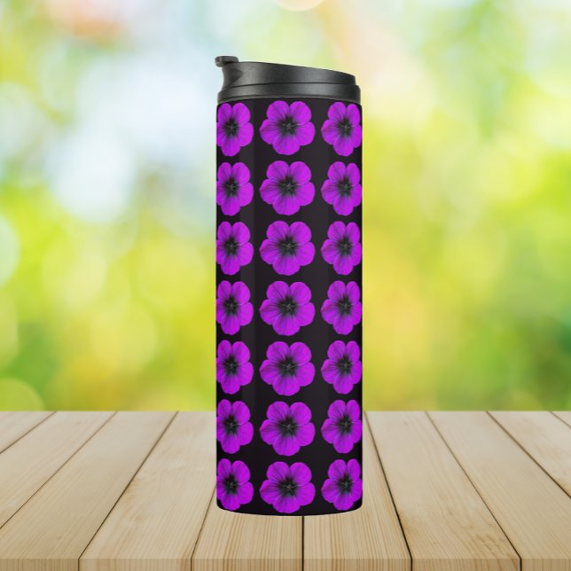 Purple Geranium Floral Pattern on Black Thermal Tumbler (In Situ)