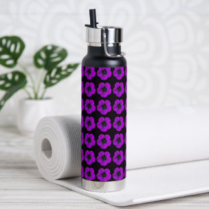 Purple Geranium Floral Pattern on Black Water Bottle