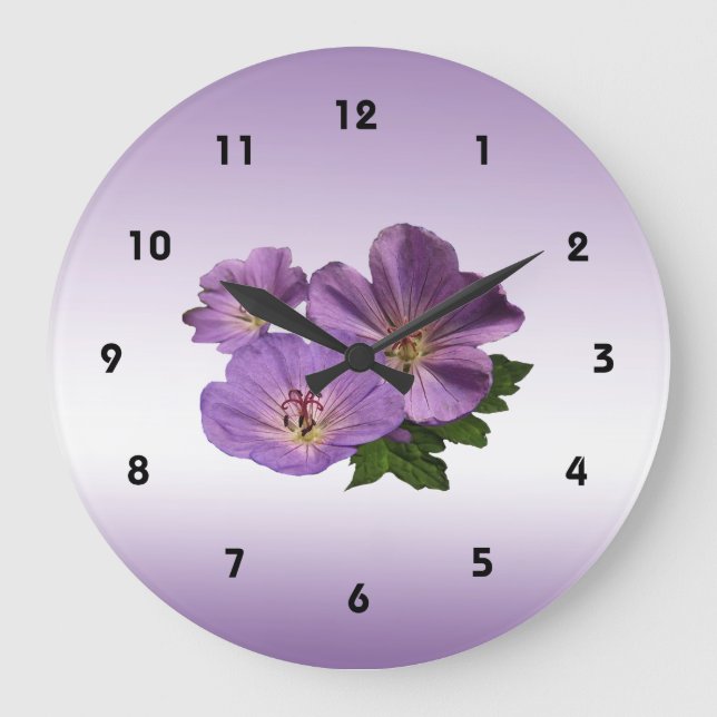 Purple Geranium Flowers Large Clock (Front)