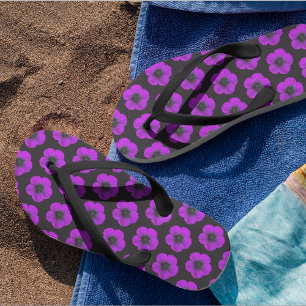 Purple Geranium on Black Floral Pattern Flip Flops