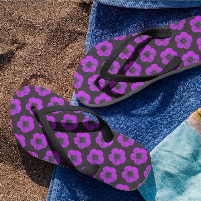 Purple Geranium on Black Floral Pattern Flip Flops (In Situ)
