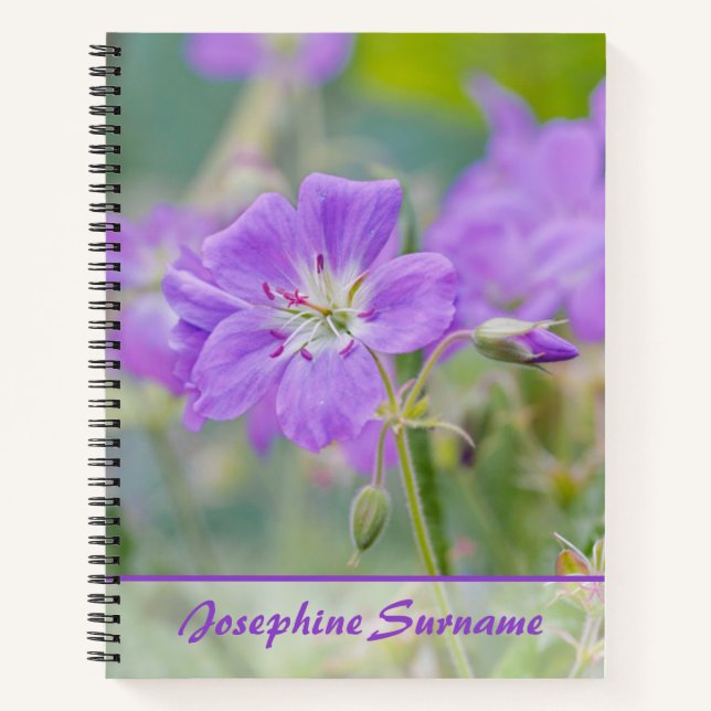 Purple Geranium Wildflower Photo Custom Name Notebook (Front)